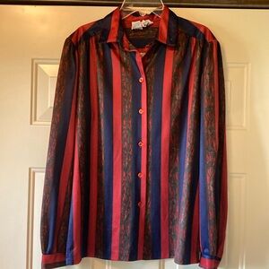 Size 12/14 Ambassador Vintage Navy and Red Striped Polyester Button Down Top